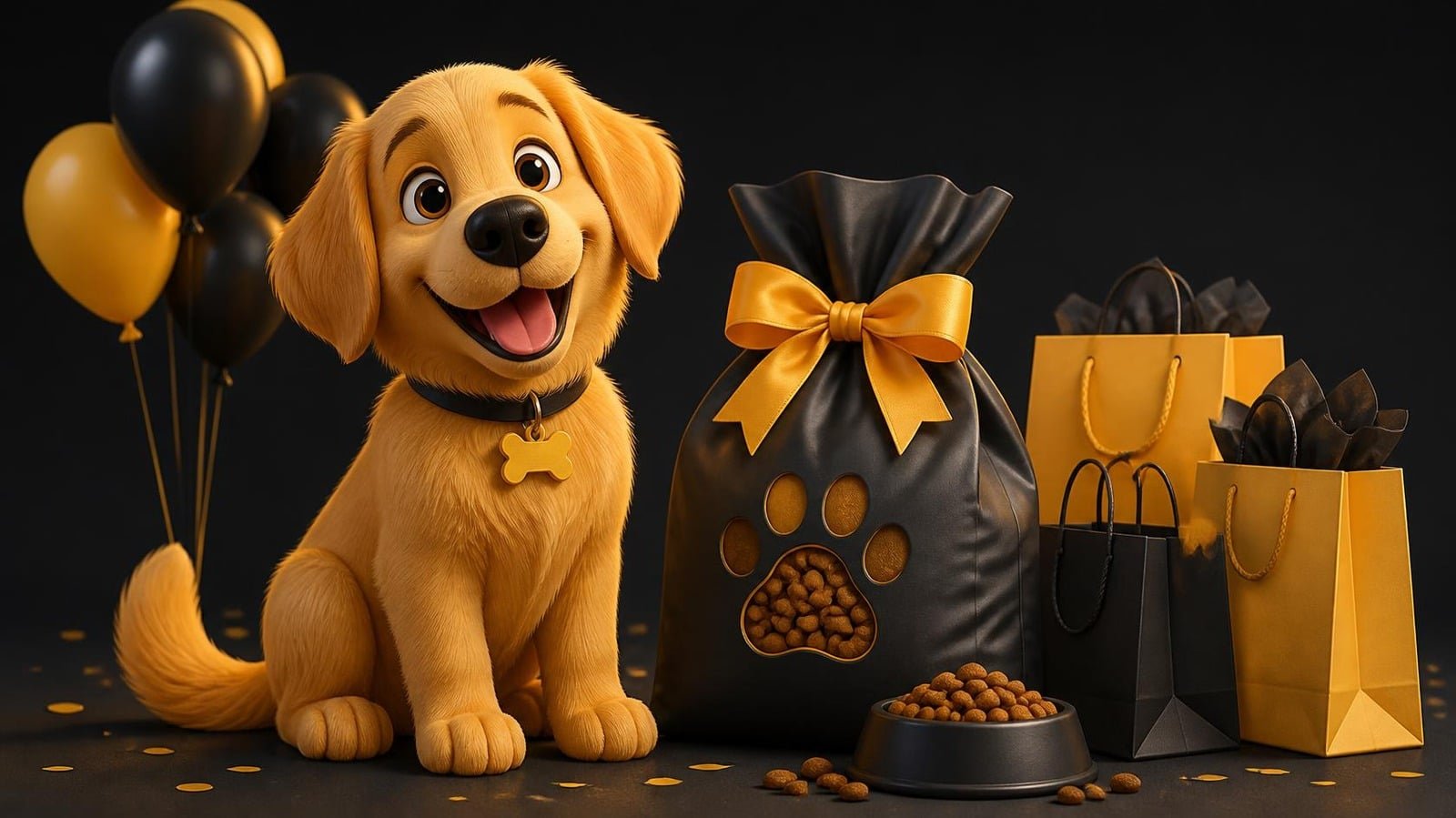 Perro junto a un saco de pienso y bolsas de compra de Black Friday