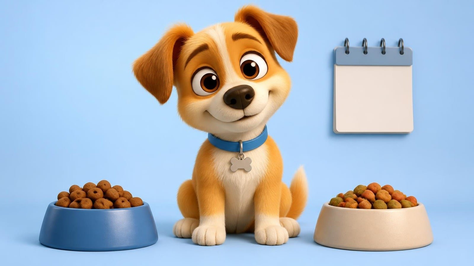 Perro entre dos comederos con piensos distintos y un calendario