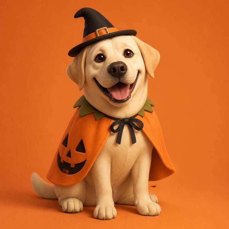 Labrador con capa de calabaza y sombrero de bruja