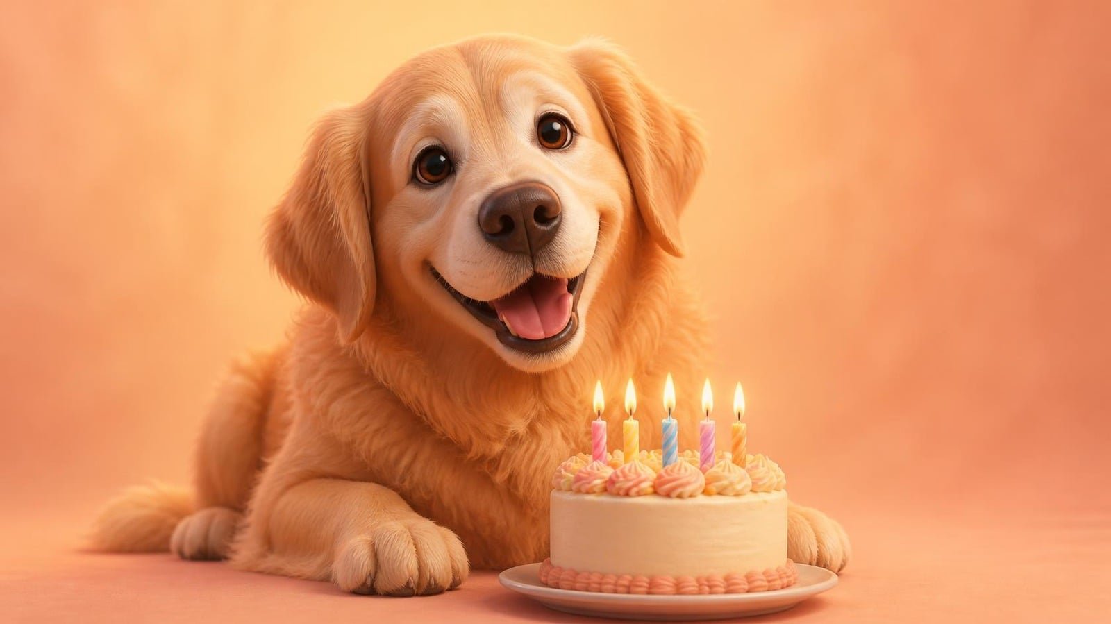 Golden retriever mayor junto a una tarta de cumpleaños