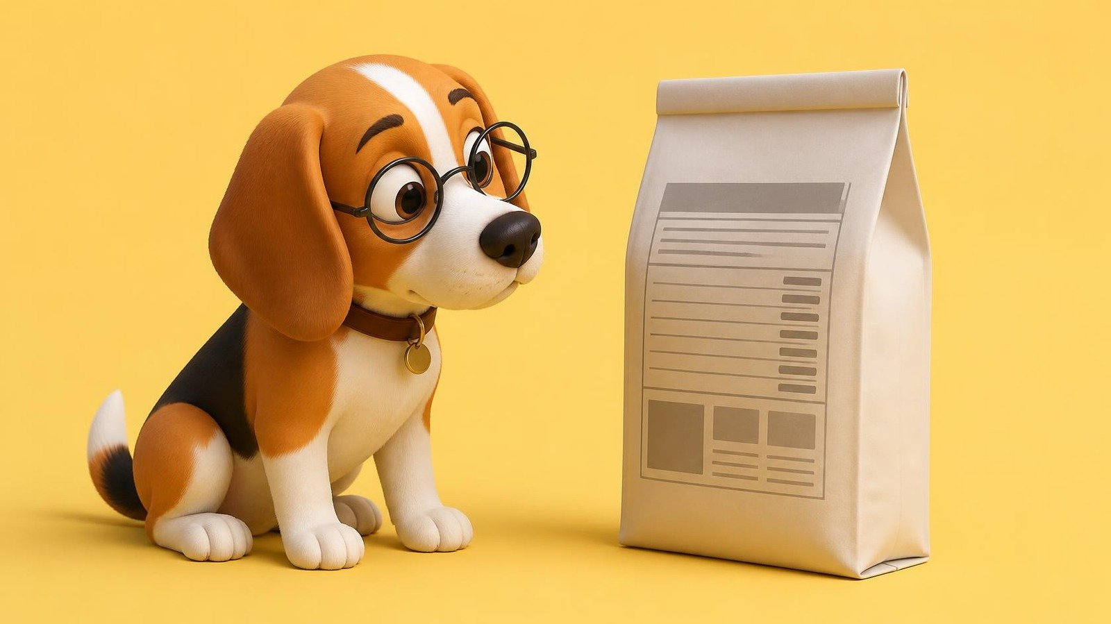 Beagle con gafas leyendo la etiqueta de un saco de pienso