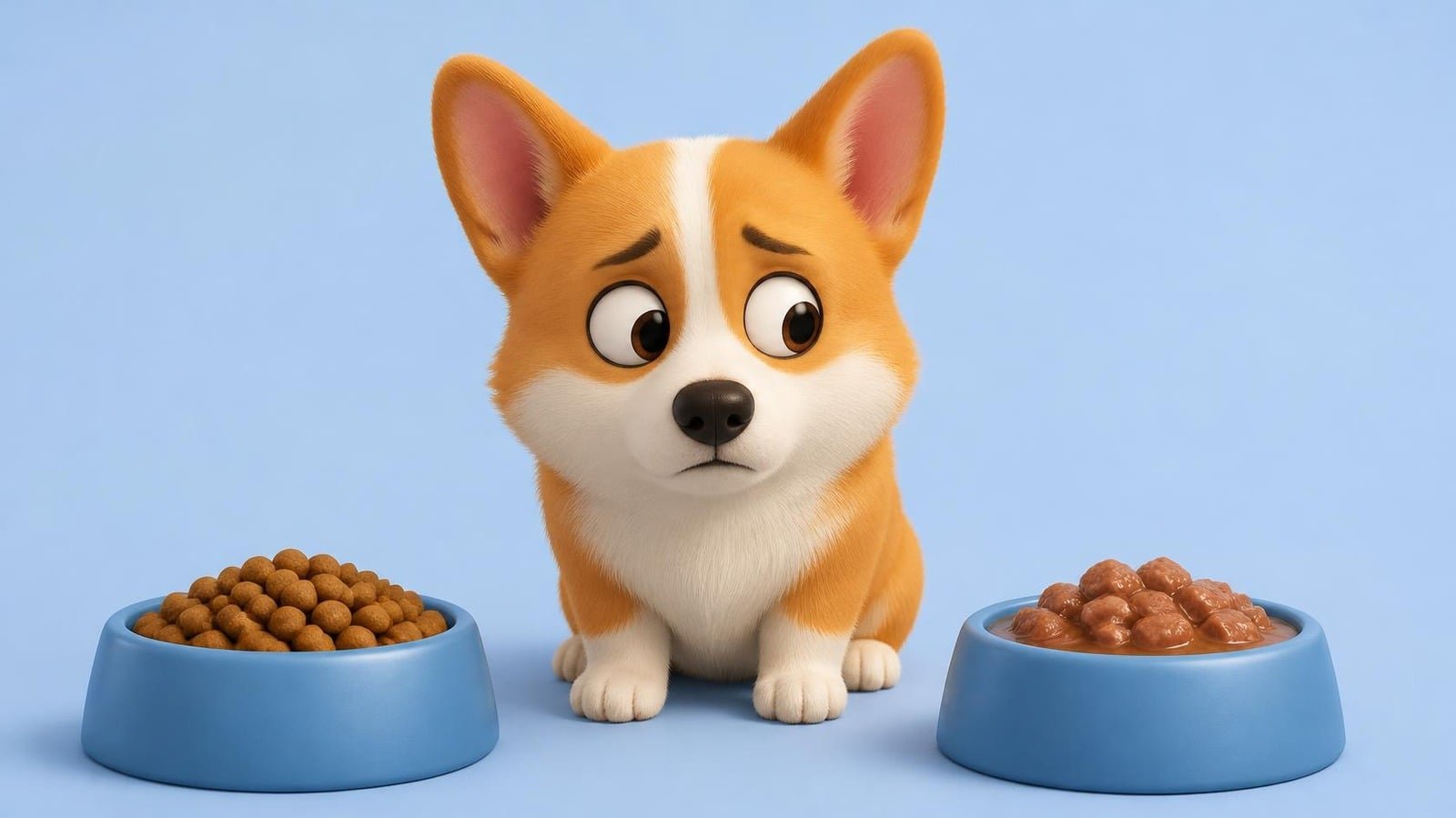 Corgi dudando entre pienso seco y comida húmeda