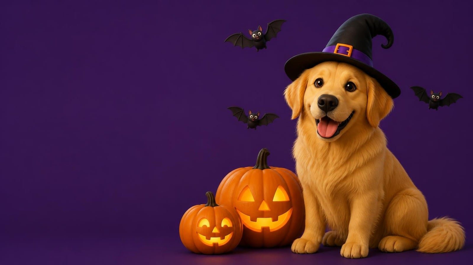 Golden retriever con sombrero de bruja junto a calabazas de Halloween