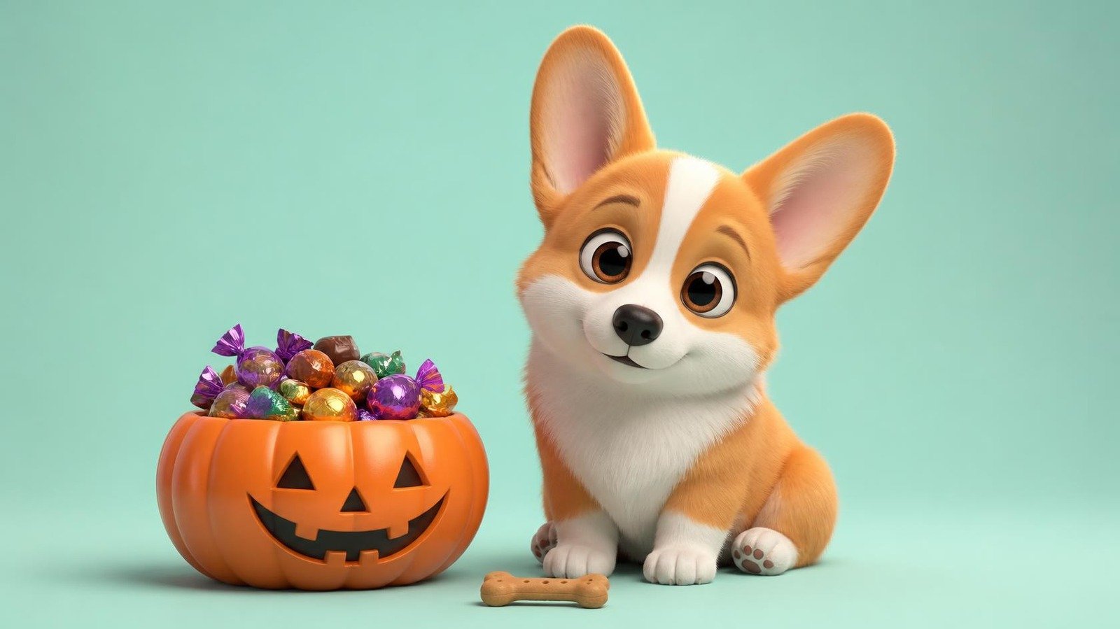 Corgi junto a un cuenco de caramelos de Halloween sin comerlos