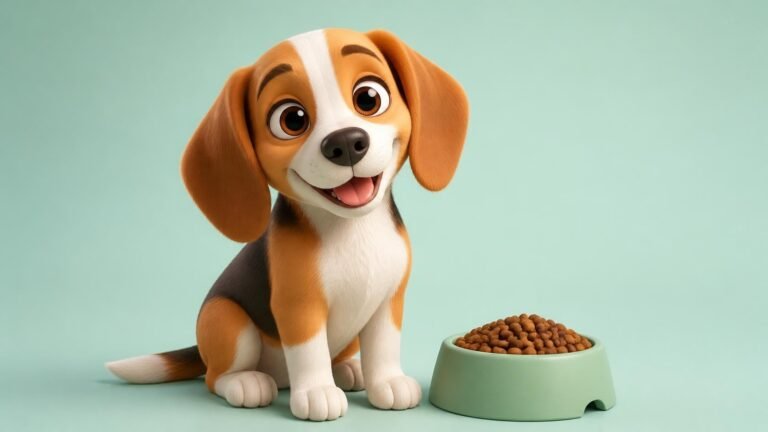 Beagle junto a su cuenco de pienso