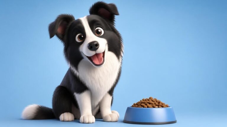 Border collie junto a su cuenco de pienso