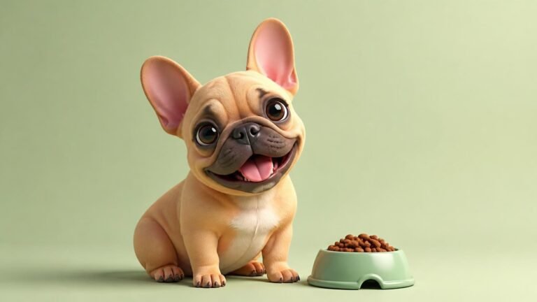 Bulldog francés junto a su cuenco de pienso