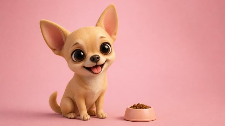 Chihuahua junto a su cuenco de pienso