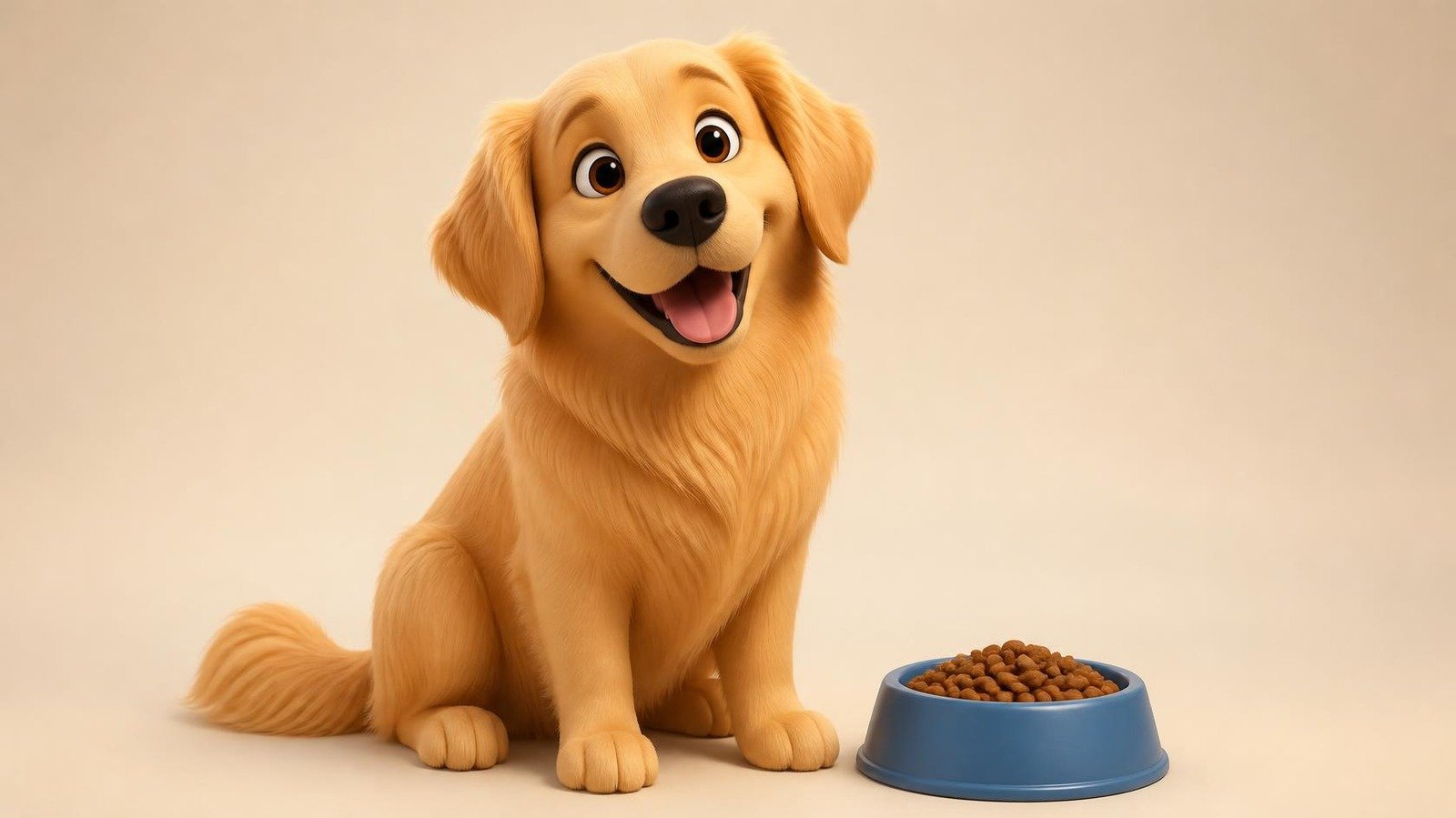 Golden retriever junto a su cuenco de pienso