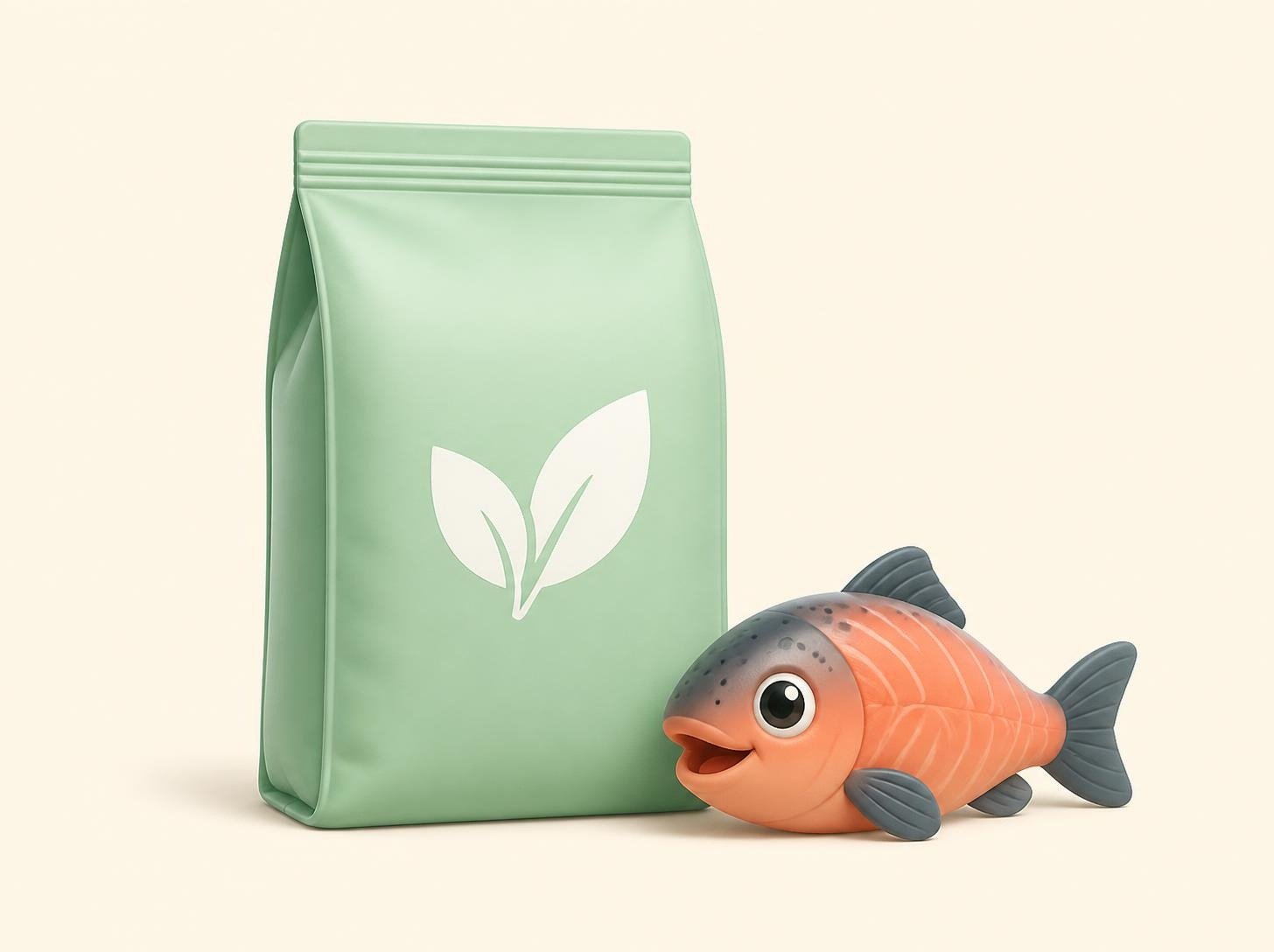 Ilustración de un saco de pienso sin cereales con salmón