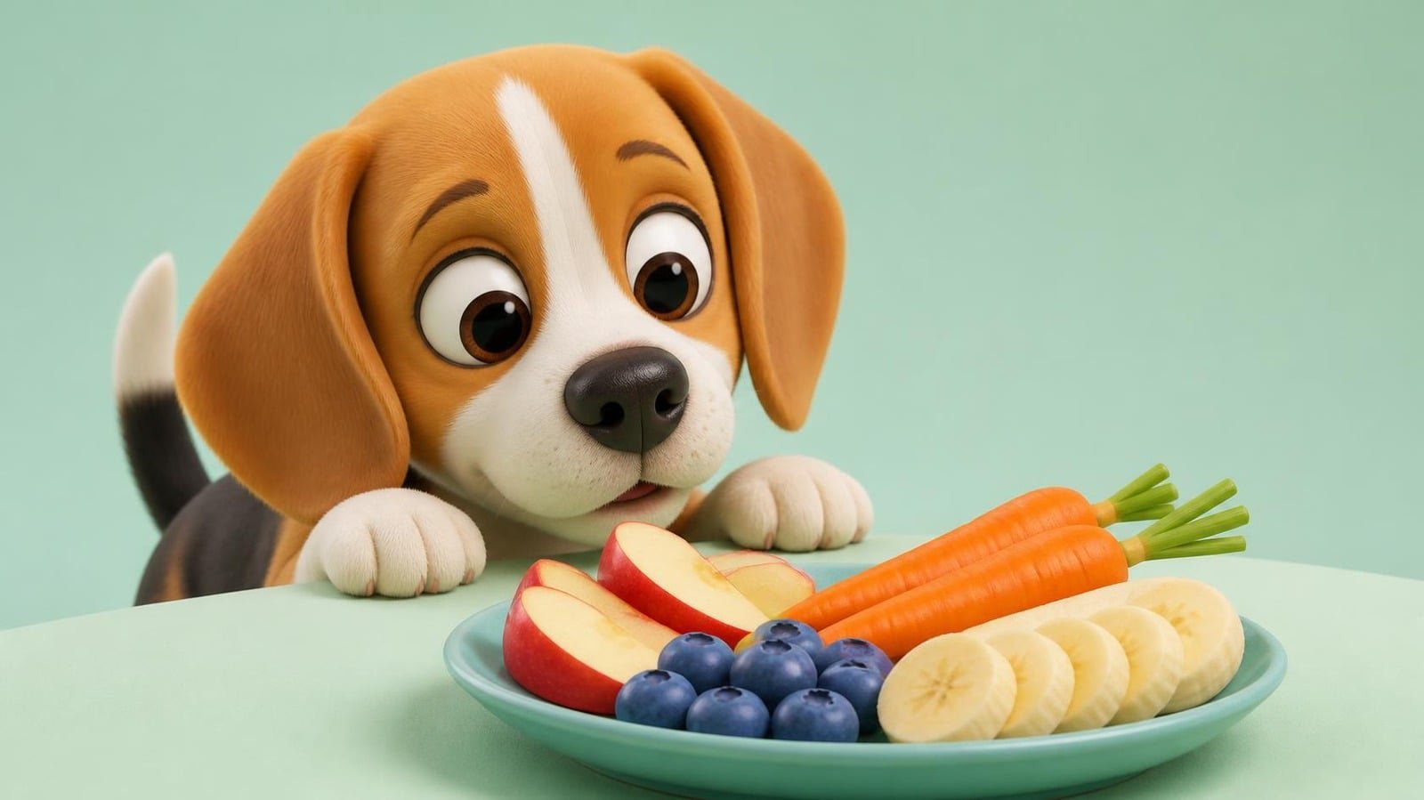 Beagle mirando un plato con fruta y verdura