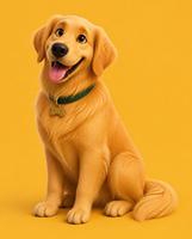Toby, un golden retriever sentado y sonriente sobre fondo amarillo